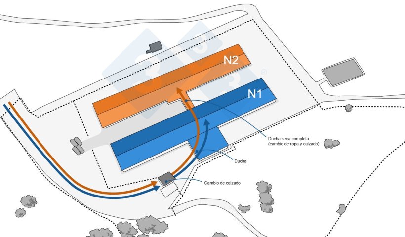 Figura 1. Situaci&oacute;n antes del brote. Vallados perimetral e interno y flujo de trabajadores.
