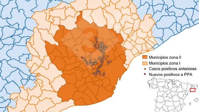 Localización detallada de los casos de jabalíes silvestres detectados en la zona restringida II (semana 21). Fuente: 333 a partir de datos del MAPA y SVO.