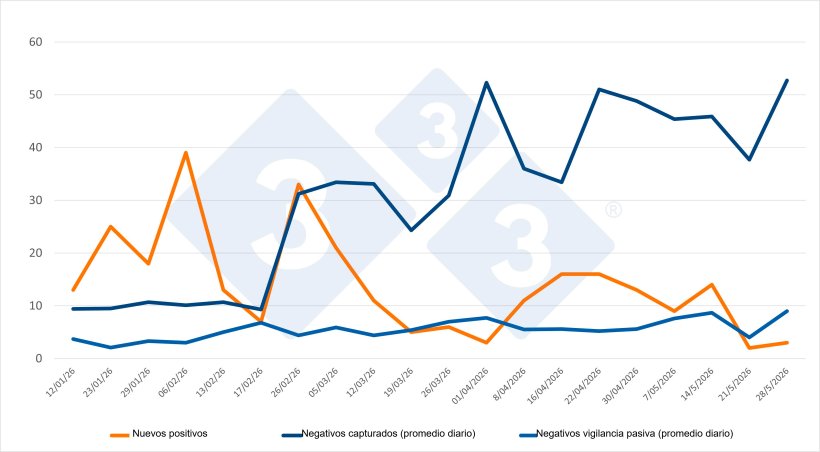 Evoluci&oacute;n de positivos, capturas y vigilancia pasiva semanal en las zonas I y II. Fuente: 333 a partir de datos del MAPA.