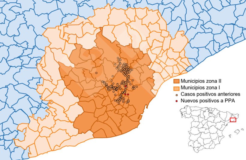  Localizaci&oacute;n detallada de los casos de jabal&iacute;es silvestres detectados en la zona restringida II (semana 22). Fuente: 333 a partir de datos del MAPA y SVO.