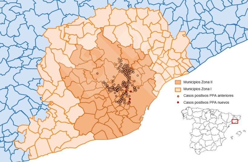 Localizaci&oacute;n detallada de los casos de jabal&iacute;es silvestres detectados en la zona restringida II (semana 24). Fuente: 333 a partir de datos del MAPA y SVO.

