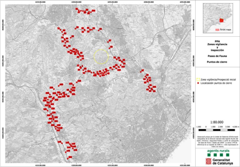 Localización de vallados en puntos de riesgo de paso de jabalíes (fuente: SVO Cataluña). Cerramientos 23/01/2026.