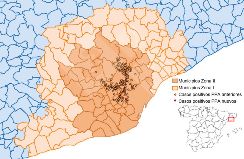 Localización detallada de los casos de jabalíes silvestres detectados en la zona restringida II (semana 25). Fuente: 333 a partir de datos del MAPA y SVO.
