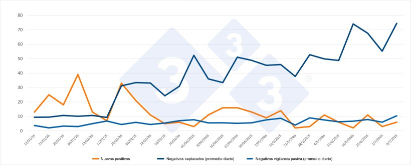 Evolución de positivos, capturas y vigilancia pasiva semanal en las zonas I y II. Fuente: 333 a partir de datos del MAPA.