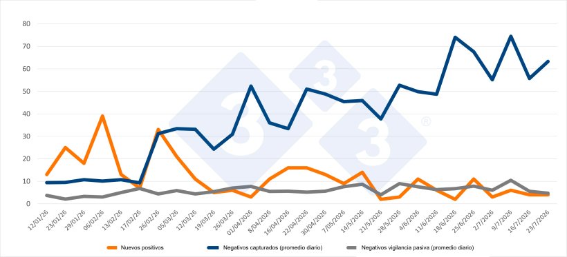 Evolución de positivos, capturas y vigilancia pasiva semanal en las zonas I y II. Fuente: 333 a partir de datos del MAPA.