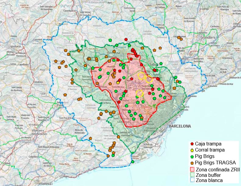 Localización de las cajas trampa, Pig Brigs y corrales de capturas a fecha 7 de julio de 2026 (Fuente: Cos d’Agents Rurals. Generalitat de Catalunya.)