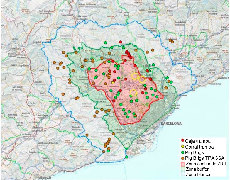 Localización de las cajas trampa, Pig Brigs y corrales de capturas a fecha 23 de julio de 2026 (Fuente: Cos d’Agents Rurals. Generalitat de Catalunya)