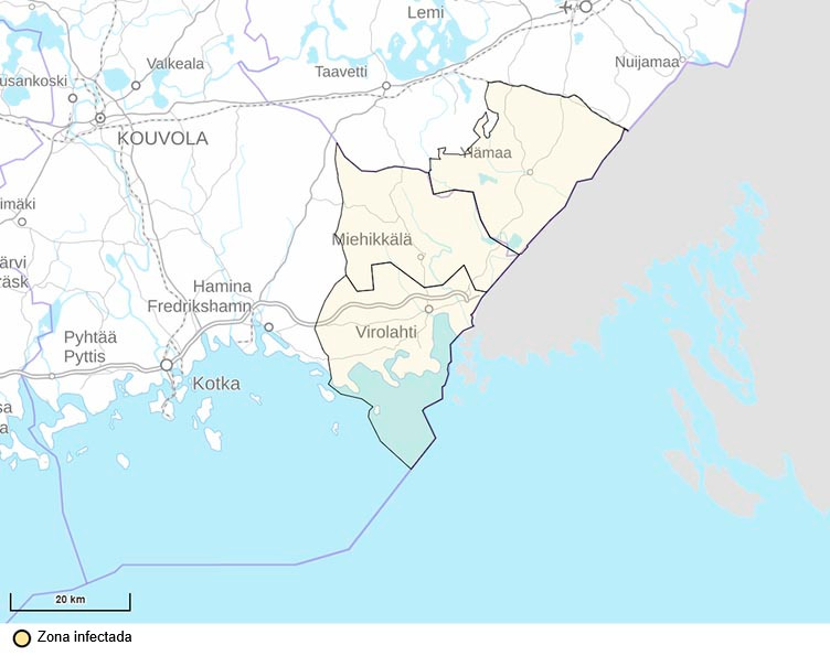 Mapa de la zona infectada sometida a restricciones. Fuente: Ruokavirasto.
