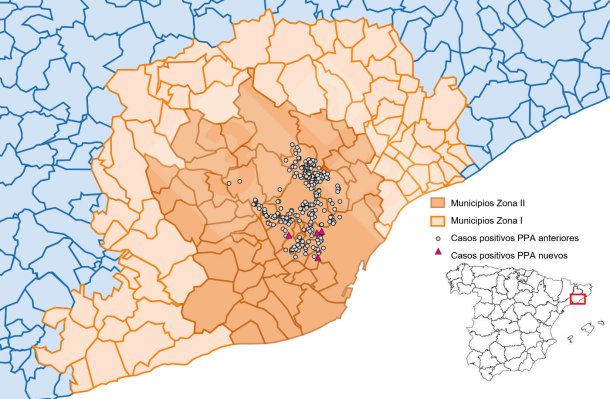 Localizaci&oacute;n detallada de los casos de PPA en jabal&iacute;es silvestres detectados en la zona restringida II (semana 34). Fuente: 333 a partir de datos del MAPA y SVO.
