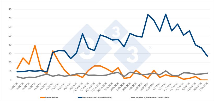 Evoluci&oacute;n de positivos, capturas y vigilancia pasiva semanal en las zonas I y II. Fuente: 333 a partir de datos del MAPA.