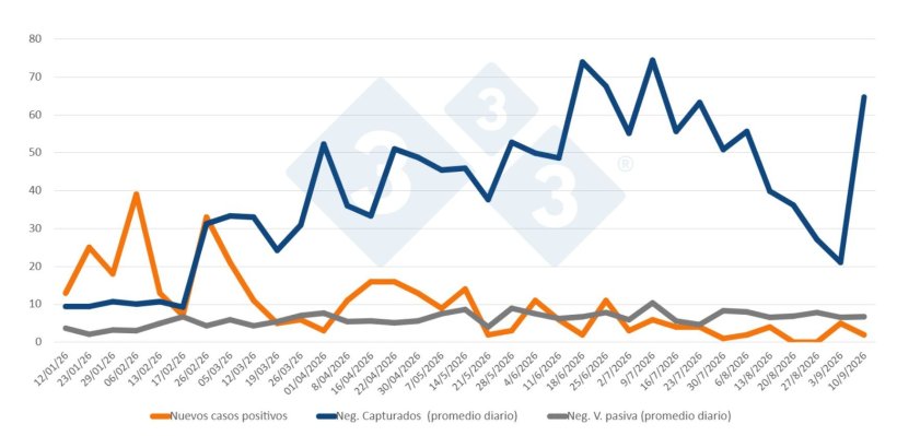 Evolución de positivos, capturas y vigilancia pasiva semanal en las zonas I y II. Fuente: 333 a partir de datos del MAPA.