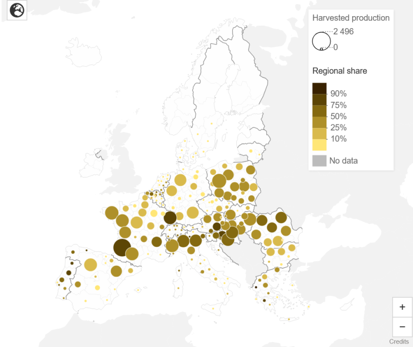 Producción regional de maíz grano y mezcla de mazorca y grano en 2024 (1 000 t y %). Fuente: Eurostat.