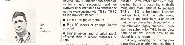 En 1971, un chirurgien v&eacute;t&eacute;rinaire (M. Oldham) a &eacute;crit dans la revue britannique &ldquo; Pig farming supplement &rdquo; un bref article intitul&eacute; " Comment le tout a comenc&eacute; ".