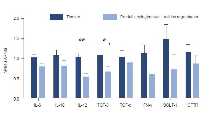 effet de l’ajout d’un mélange de thym, de vanille et d’acides organiques sur l’expression génique de diverses cytokines pro-inflammatoires dans l’intestin des porcelets (Grilli et col., 2015).