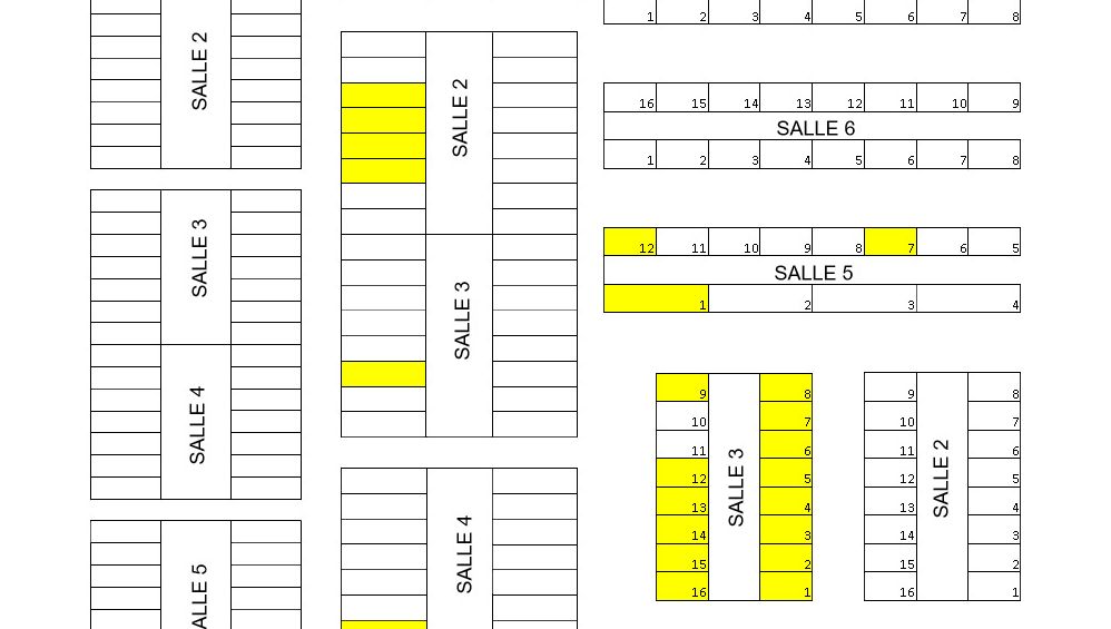 Figure&nbsp;1. Plan de la ferme&nbsp;incluant sevrage, engraissement et finition.
Les enclos marqu&eacute;s en jaune contenaient des animaux avec marque auriculaire&nbsp;&agrave; l'&acirc;ge de 13 semaines du lot suivi.
