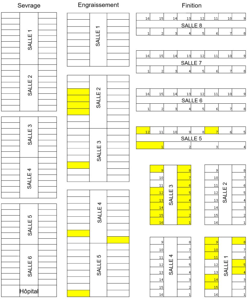 Figure 1. Plan de la ferme incluant sevrage, engraissement et finition.
Les enclos marqués en jaune contenaient des animaux avec marque auriculaire à l'âge de 13 semaines du lot suivi.