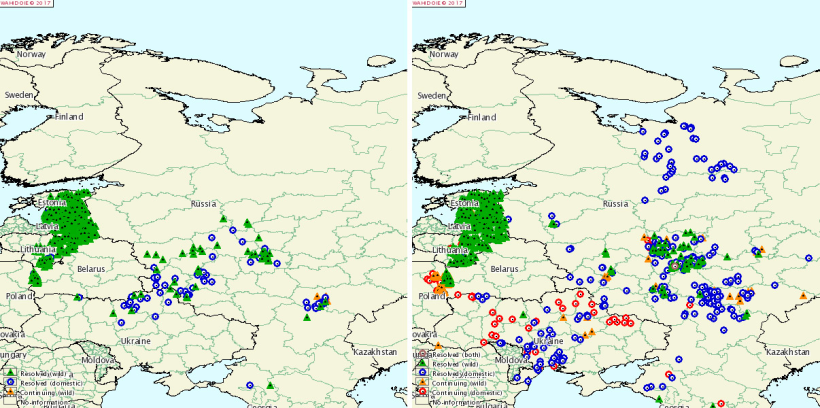 Foyers de PPA en Russie et Ukraine en 2015 et 2016 1
