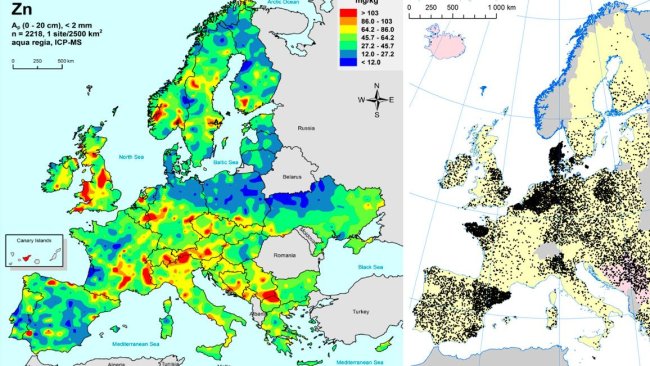 A gauche: Zinc dans les sols agricoles de ll'UEE (Gemas 2014): Niveaux de zinc à la surface du sol (20 cm supérieurs) dans les terres agricoles en Europe (à partir de Reimann et al., 2014). A droite: Elevages porcins dans l'UE (Eurostat, 2014).