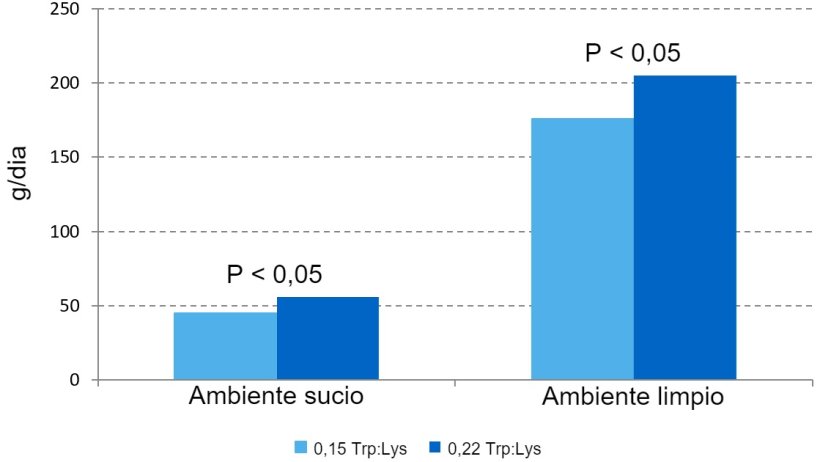 Figure&nbsp;1 &ndash; Effet du rapport Trp/Lys dans l'aliment sur le taux de croissance en phase de pr&eacute;d&eacute;marrage dans deux ambiances diff&eacute;rentes.

&nbsp;
