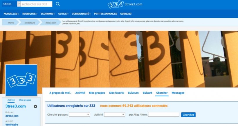 Depuis votre zone d'utilisateur vous pouvez rechercher d'autres utilisateurs, en filtrant par nom/alias, activit&eacute; et pays.
