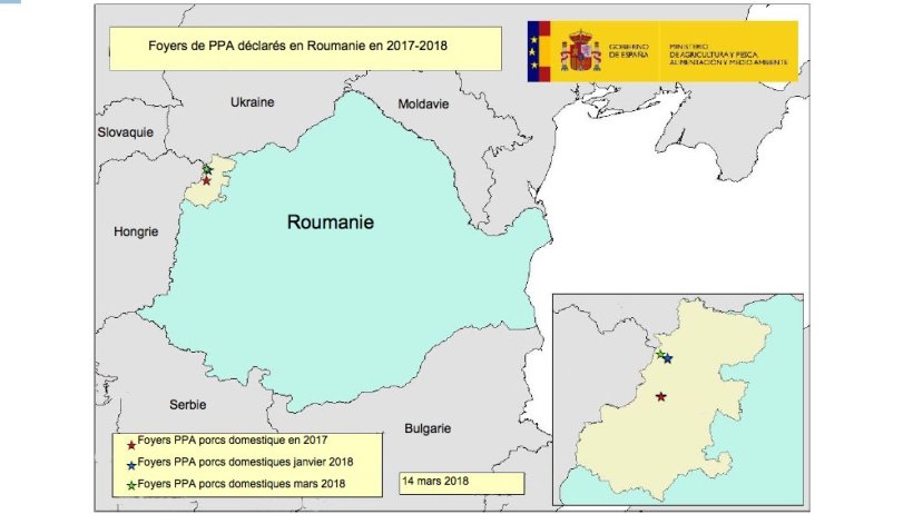 Foyers de PPA en Roumanie 2017-2018 (source RASVE-ADNS)