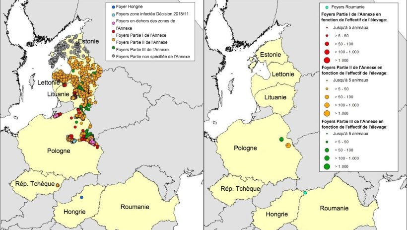 Carte des foyers de PPA chez les sangliers (à gauche) et les porcs domestiques (à droite)déclarés en Estonie, Lettonie, Lituanie, Pologne, Rép. Tchèque et Roumanie en 2018 (jusqu'au 25 Avril 2018)(Source RASVE-ADNS)