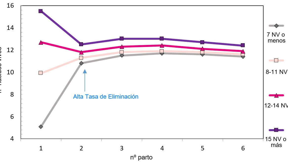 Graphique 1. Production tout au long de la vie de la truie selon les porcelets n&eacute;s.
