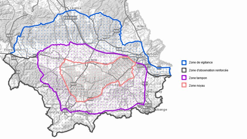 Zones portant diverses mesures temporaires de lutte contre la peste porcine africaine chez les sangliers dans la zone infect&eacute;e en R&eacute;gion wallonne