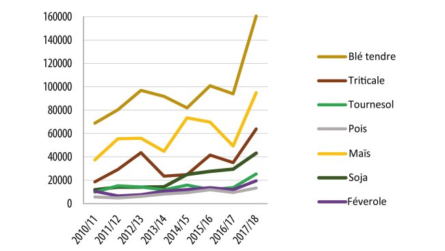 Évolution de la collecte des principales céréales et oléoprotéagineux biologiques ( en France, y compris C2 ; par campagne et en tonnes)
Source : Ifip d'après FranceAgriMer