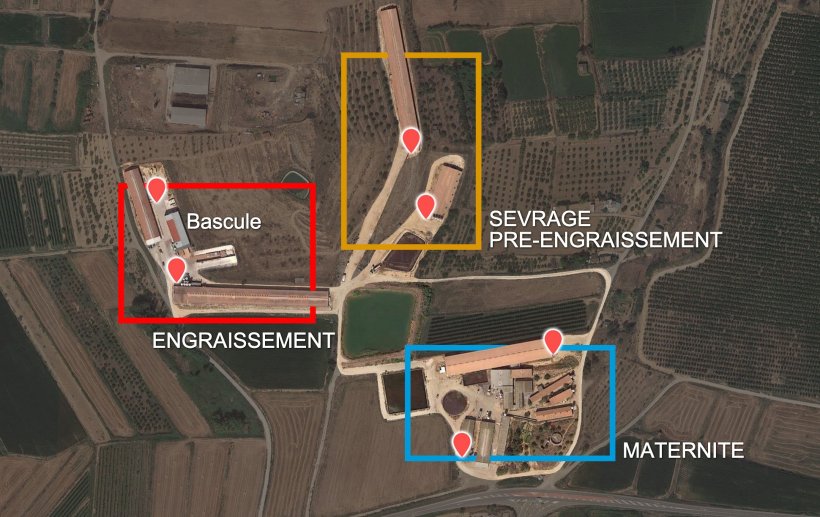 Image 2. R&eacute;partition des phases par b&acirc;timents et quais de chargement d'origine (points rouges).
