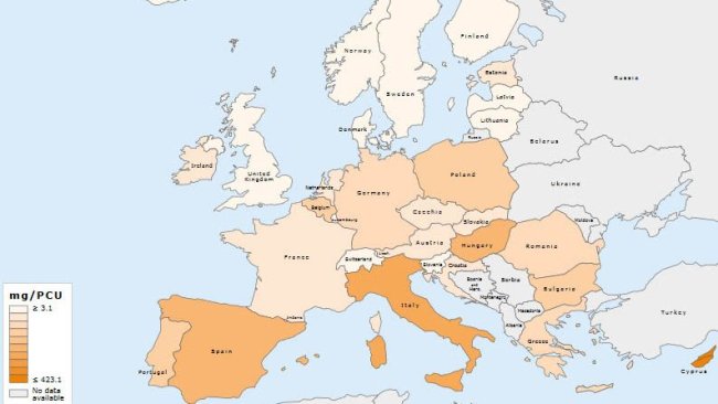 Répartition spatiale des ventes globales de tous les antimicrobiens destinés aux animaux producteurs de denrées alimentaires, en mg/PCU, dans 31 pays, pour 2017.