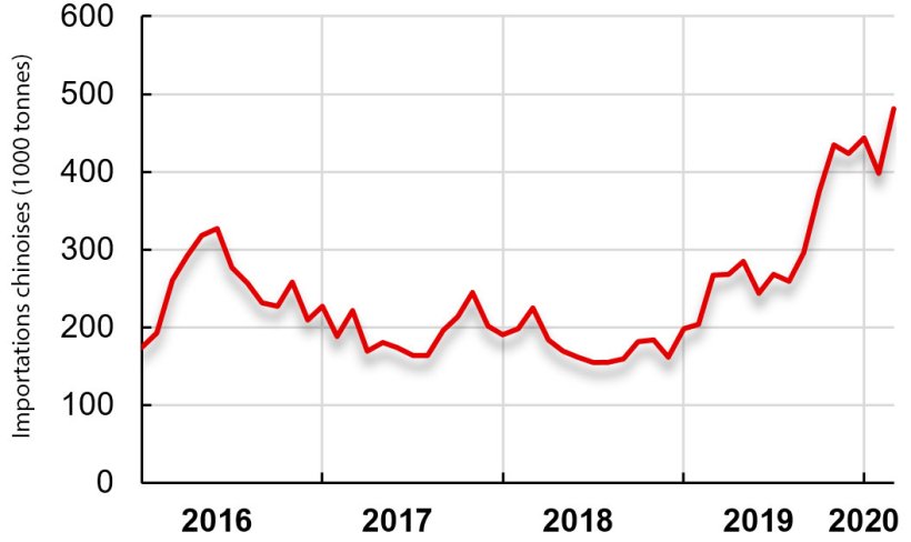 Evolution mensuelle des importations chinoises (viandes et coproduits, 1000 tonnes). Source : IFIP d’après douanes.