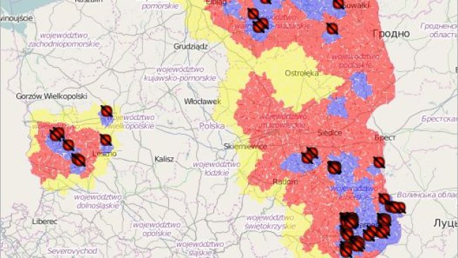 Foyers de PPA en Pologne jusqu'en août 2020