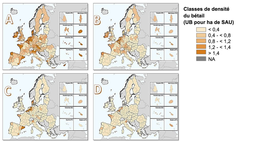 La densit&eacute; du b&eacute;tail dans l'Union europ&eacute;enne en 2016 pour : (a) tout le b&eacute;tail, (b) les bovins, (c) les porcs et (d) la volaille. Estim&eacute; en divisant le nombre d'unit&eacute;s de b&eacute;tail par la superficie agricole utilis&eacute;e (SAU) dans chaque r&eacute;gion NUTS 2 : Eurostat, mars 2020 ; cartes cr&eacute;&eacute;es par Matteo Sposato, SRUC.
