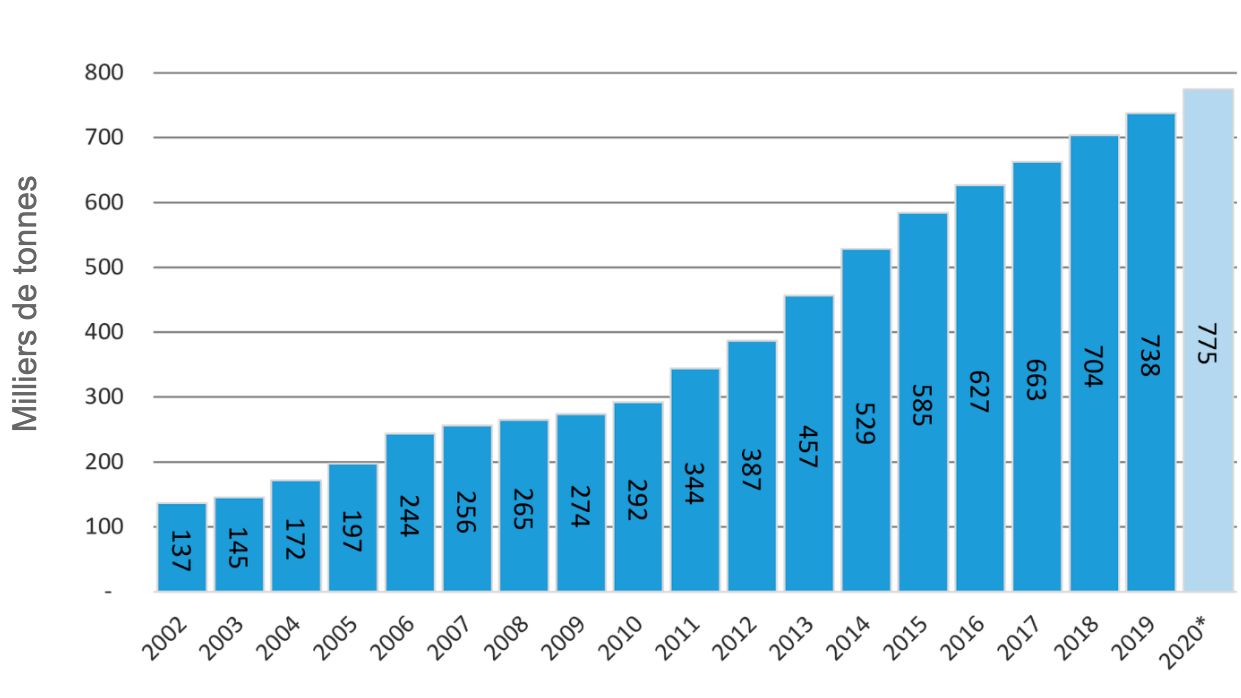 Graphique N&ordm;1. &Eacute;volution de la production 2002/20. Source: MAGyP et donn&eacute;es propres - Donn&eacute;es projet&eacute;es pour l'ann&eacute;e 2020.

