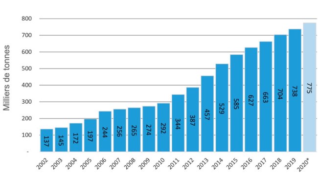 Graphique Nº1. Évolution de la production 2002/20. Source: MAGyP et données propres - Données projetées pour l'année 2020.