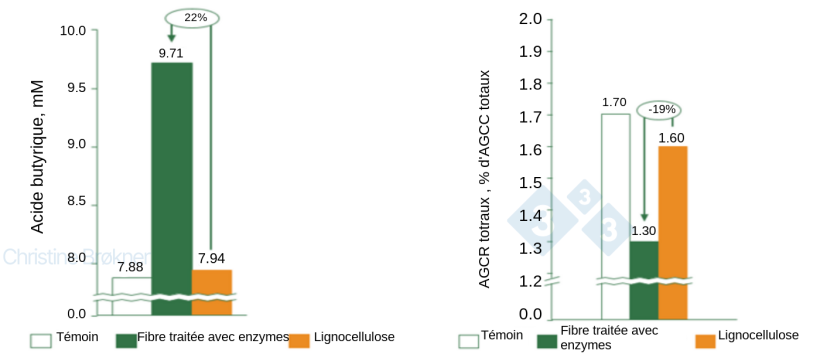 Figure 1. Contr&ocirc;le = pas de fibre, fibre trait&eacute;e avec des enzymes = PNA soluble, Lignocellulose = PNA insoluble. (A) La production d'acide butyrique augmente de 22% chez les porcelets (15 kg) lors de la fermentation de fibres solubles. (B) La fermentation des prot&eacute;ines est r&eacute;duite de 19% chez les porcelets (15 kg) par la fermentation de fibres solubles. AGCC = acides gras &agrave; cha&icirc;ne courte, AGCR = acides gras &agrave; cha&icirc;ne ramifi&eacute;e.
