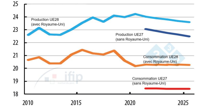 Evolution de la production et de la consommation dans l&rsquo;UE (en million tec)