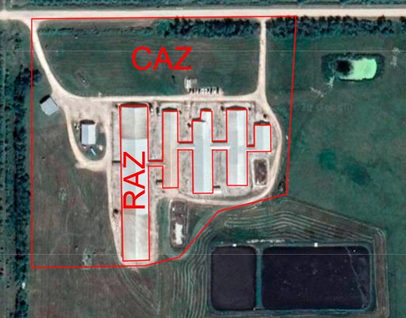 Image 1. Zone d'acc&egrave;s restreint (RAZ) et zone d'acc&egrave;s contr&ocirc;l&eacute; (CAZ) d'un &eacute;levage. Limites zone sale / propre dans l'&eacute;levage. https://www.cpc-ccp.com/visitor-and-farm-biosecurity

