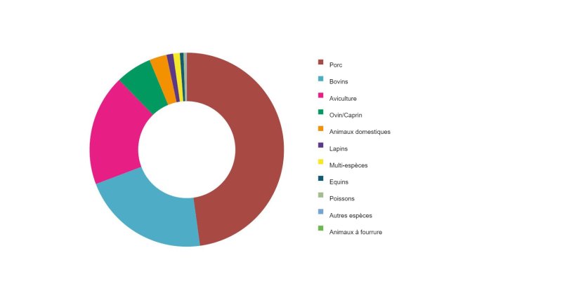 Production d'aliments pour animaux par esp&egrave;ce en Espagne en 2020 (t). Source : MAPA.
