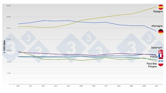 Évolution de l’effectif porcin chez les principaux producteurs européens entre 2010 et 2021.