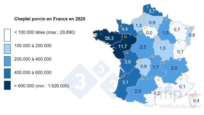 Localisation du cheptel porcin en France en 2020.

1 Bretagne, 2 Basse-Normandie, 3 Haute-Normandie, 4 Picardie, 5 Nord-Pas-de-Calais, 6 Champagne-Ardenne, 7 Lorraine, 8 Alsace, 9 Franche-Comt&eacute;, 10 Bourgogne, 11 IDF, 12 Centre, 13 Pays de la Loire, 14 Poitou-Charentes, 15 Limousin, 16 Auvergne, 17 Rh&ocirc;ne-Alpes, 18 PACA, 19 Languedoc-Roussillon, 20 Midi-Pyr&eacute;n&eacute;es, 21 Aquitaine.
