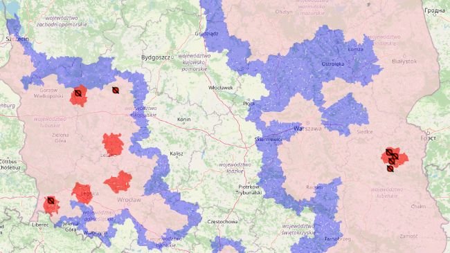 Carte des foyers de PPA en Pologne et zonage actuel