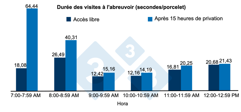 Figure 2. Durée des visites à l'abreuvoir (en secondes) par porcelet après 15 heures de privation d'eau ou d'accès libre à l'abreuvoir.