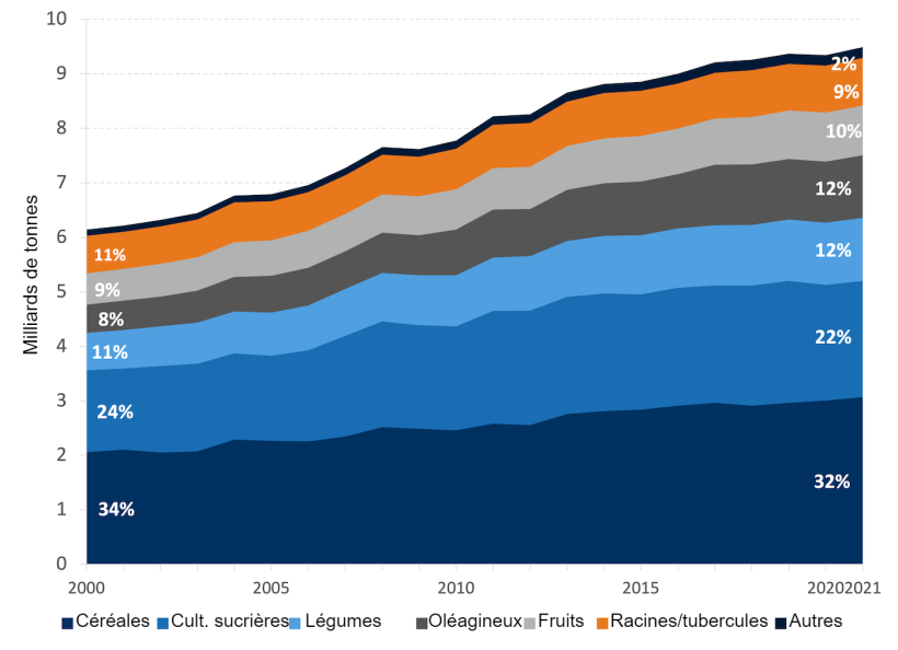 Production mondiale de cultures primaires par groupe de produits. Source : FAO. 2022. Production : Cultures et produits de l'&eacute;levage. Source : FAOSTAT. Rome. [Cit&eacute; en novembre 2023]. https://www.fao.org/faostat/en/#data/QCL
