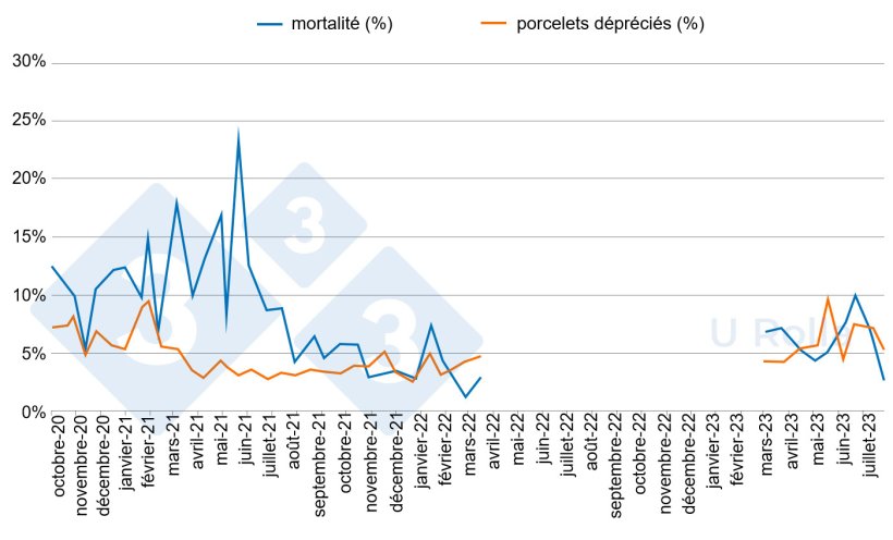 Fig. 5. Mortalit&eacute; (%) et proportion de porcelets de deuxi&egrave;me cat&eacute;gorie dans les PS avant (octobre 2020 &agrave; mars 2022) et apr&egrave;s (mars &agrave; juillet 2023) le d&eacute;peuplement/repeuplement.
