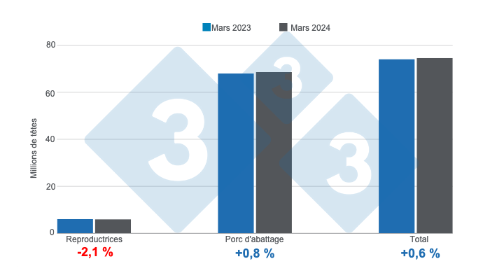 Graphique 1. Effectif porcin aux &Eacute;tats-Unis avec coupure au 1er mars 2024, variations annuelles. Pr&eacute;par&eacute; par le Service &Eacute;conomie et Intelligence des March&eacute;s de 333 Am&eacute;rique Latine selon des donn&eacute;es de l'USDA - NASS.
