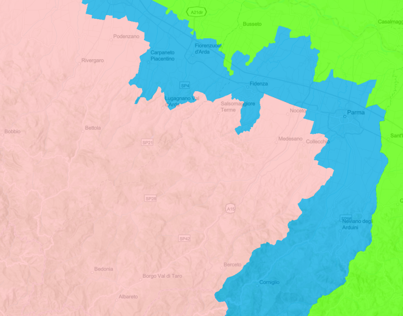 Zones r&eacute;glement&eacute;es I (bleu) et II (rose) dans la province de Parme et ses environs, au 29 avril 2024. Source : DG-Agri.
