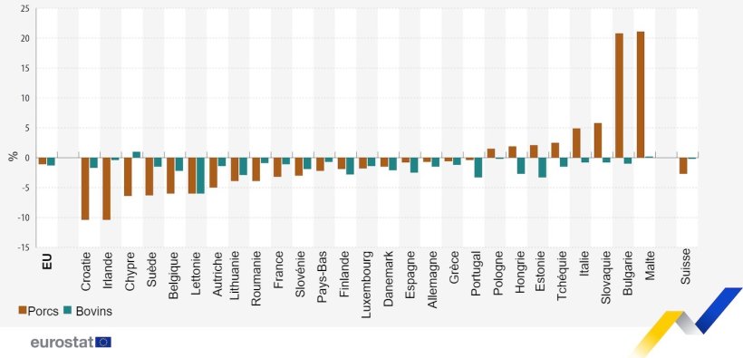 &Eacute;volution des effectifs de porcs et de bovins, d&eacute;cembre 2023 par rapport &agrave; d&eacute;cembre 2022. Source : Eurostat.
