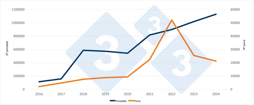 Importations espagnoles de porcelets et de porcelets n&eacute;erlandais au cours du premier semestre 2016 &agrave; 2024. Source : 333 sur la base des donn&eacute;es RVO.
